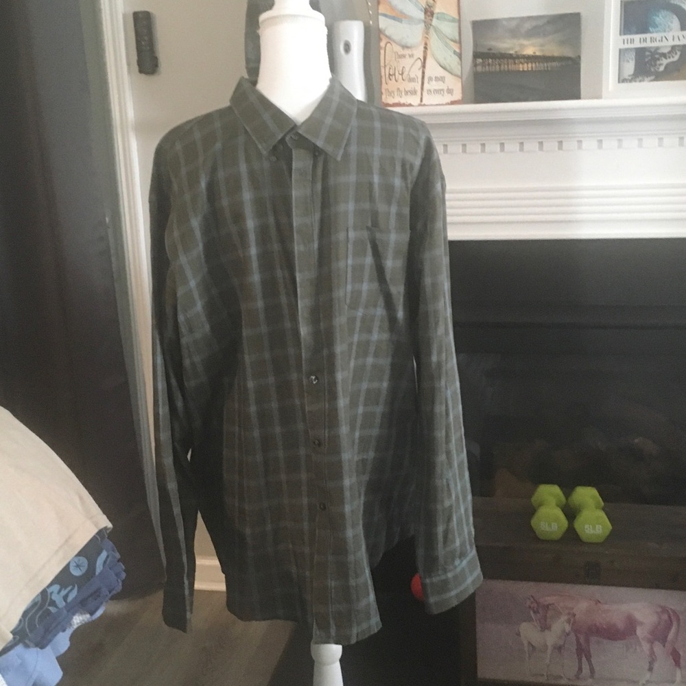 Van Heusen Olive and Gray Plaid Button-Down Shirt